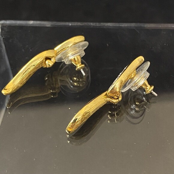 Monet Gold & White Rhinestone Feather Leaf Dangle Post Earrings - Picture 5 of 10